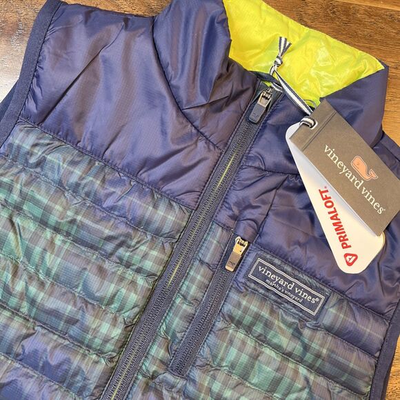NWT Vineyard Vines Lightweight Packable Puffer Vest Boy's Size M Blue Plaid $118 - Picture 1 of 8